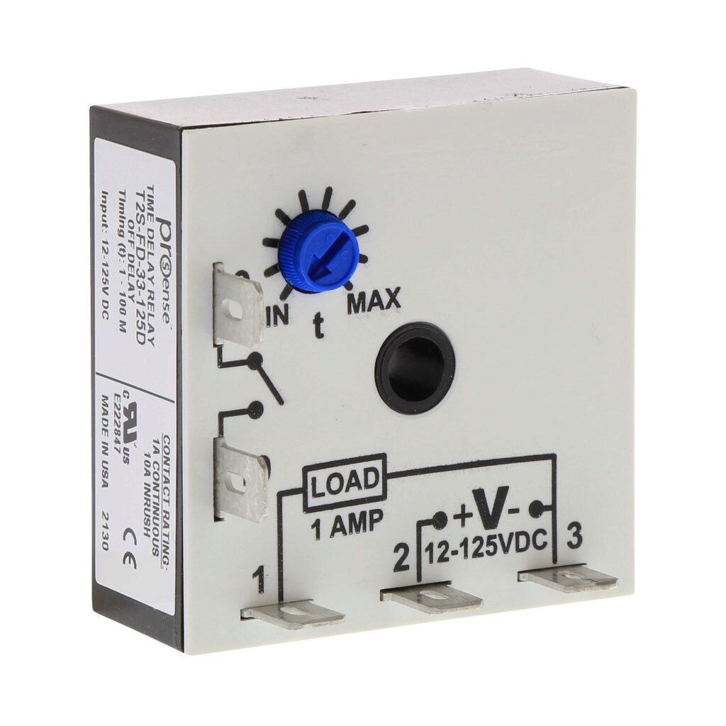 T2S-FD-33-125D - ProSense off-delay relay timer, 1 to 100 minutes timing range, 12-125 VDC operating voltage, 1A contact rating, (1) SPNO timed solid state relay output(s), surface mount, 1/4in male quick-connect terminal.