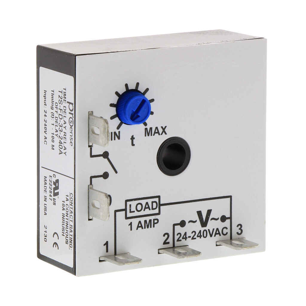 T2S-FD-33-240A - ProSense off-delay relay timer, 1 to 100 minutes timing range, 24-240 VAC operating voltage, 1A contact rating, (1) SPNO timed solid state relay output(s), surface mount, 1/4in male quick-connect terminal.