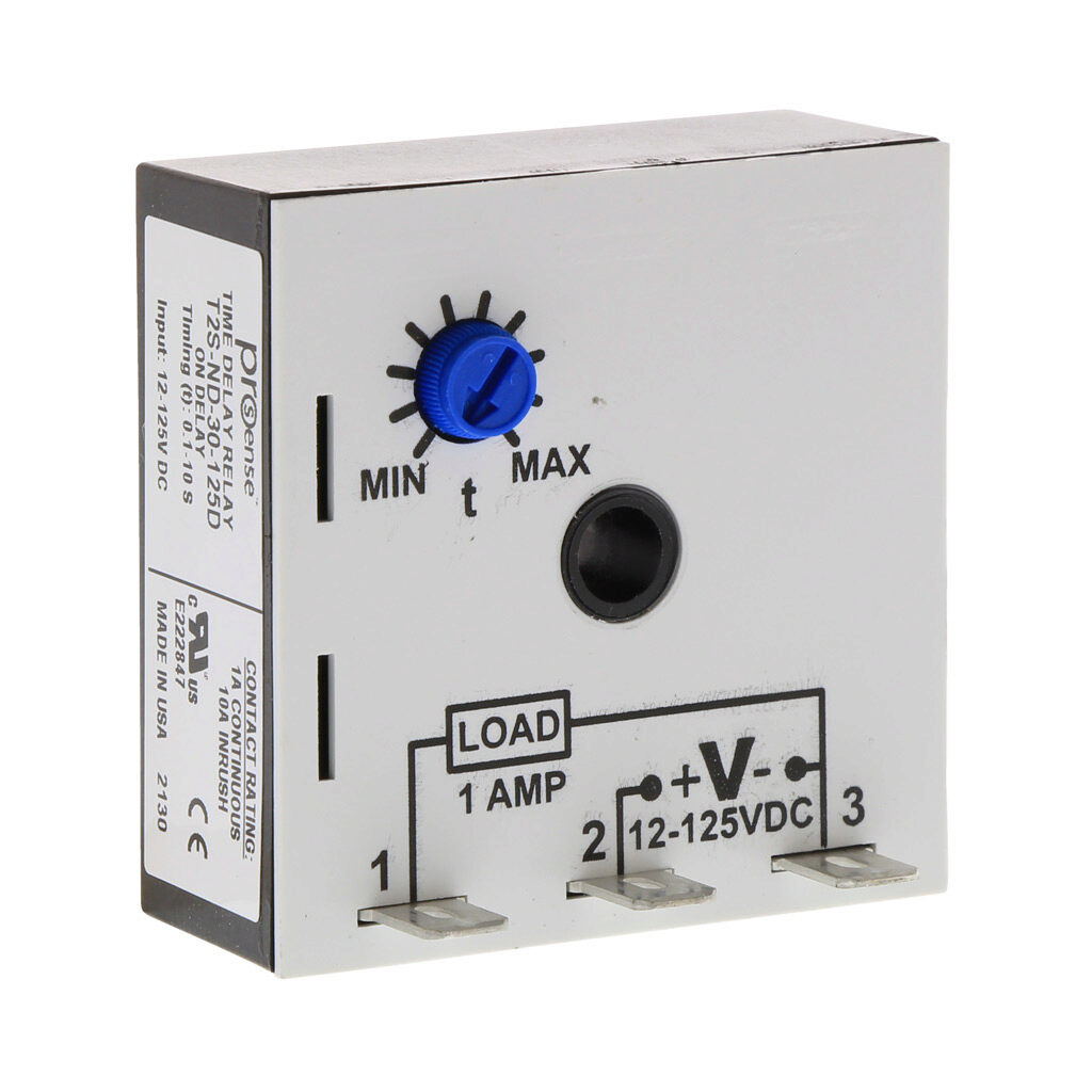 T2S-ND-30-125D - ProSense on-delay relay timer, 0.1 to 10 seconds timing range, 12-125 VDC operating voltage, 1A contact rating, (1) SPNO timed solid state relay output(s), surface mount, 1/4in male quick-connect terminal.