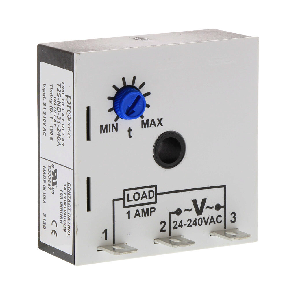 T2S-ND-31-240A - ProSense on-delay relay timer, 1 to 100 seconds timing range, 24-240 VAC operating voltage, 1A contact rating, (1) SPNO timed solid state relay output(s), surface mount, 1/4in male quick-connect terminal.
