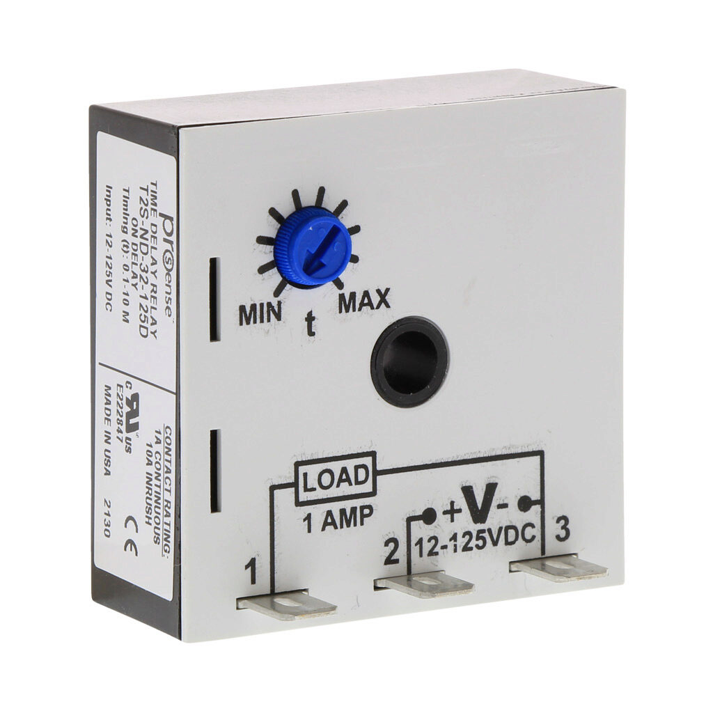 T2S-ND-32-125D - ProSense on-delay relay timer, 0.1 to 10 minutes timing range, 12-125 VDC operating voltage, 1A contact rating, (1) SPNO timed solid state relay output(s), surface mount, 1/4in male quick-connect terminal.