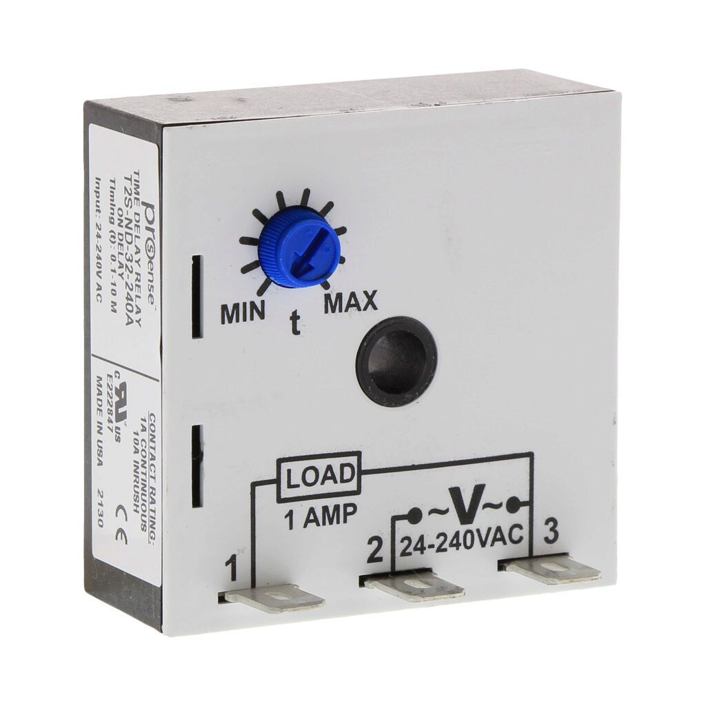 T2S-ND-32-240A - ProSense on-delay relay timer, 0.1 to 10 minutes timing range, 24-240 VAC operating voltage, 1A contact rating, (1) SPNO timed solid state relay output(s), surface mount, 1/4in male quick-connect terminal.