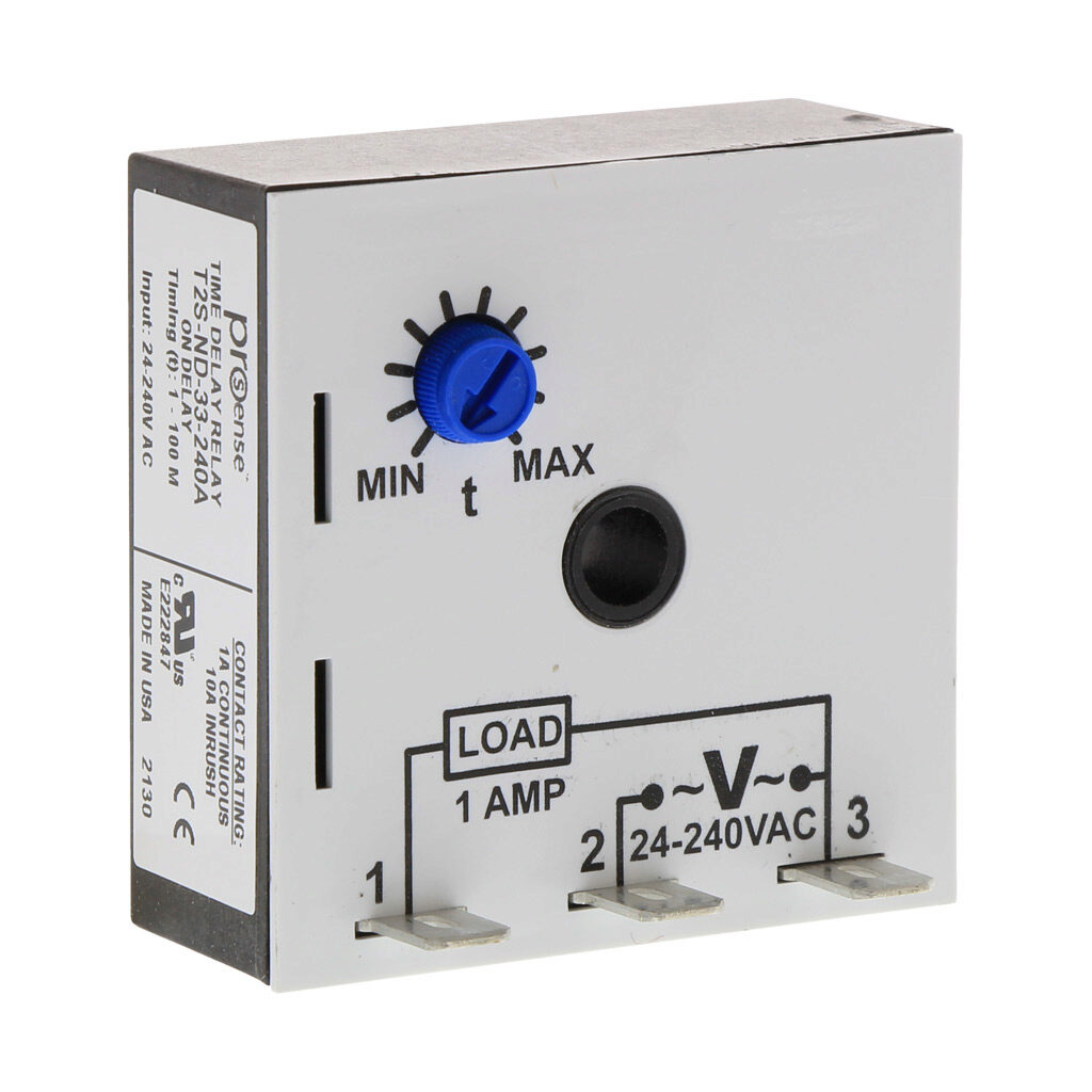 T2S-ND-33-240A - ProSense on-delay relay timer, 1 to 100 minutes timing range, 24-240 VAC operating voltage, 1A contact rating, (1) SPNO timed solid state relay output(s), surface mount, 1/4in male quick-connect terminal.