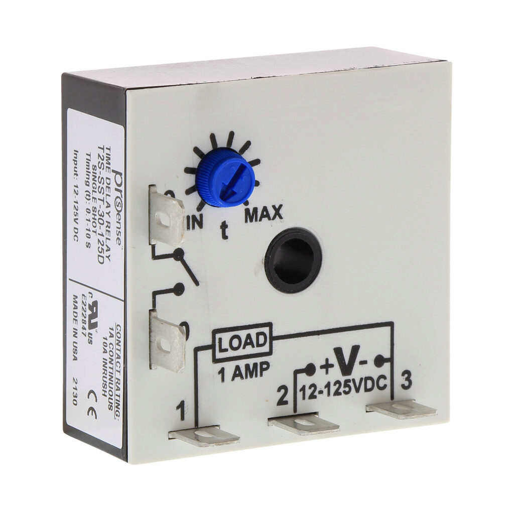 T2S-SST-30-125D - ProSense fleeting (single-shot) relay timer, 0.1 to 10 seconds timing range, 12-125 VDC operating voltage, 1A contact rating, (1) SPNO timed solid state relay output(s), surface mount, 1/4in male quick-connect terminal.