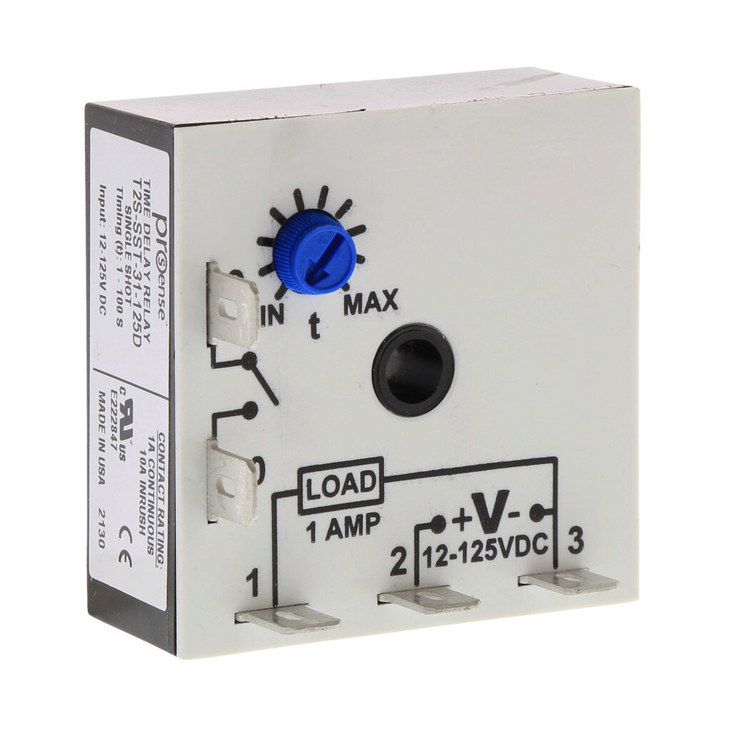 T2S-SST-31-125D - ProSense fleeting (single-shot) relay timer, 1 to 100 seconds timing range, 12-125 VDC operating voltage, 1A contact rating, (1) SPNO timed solid state relay output(s), surface mount, 1/4in male quick-connect terminal.