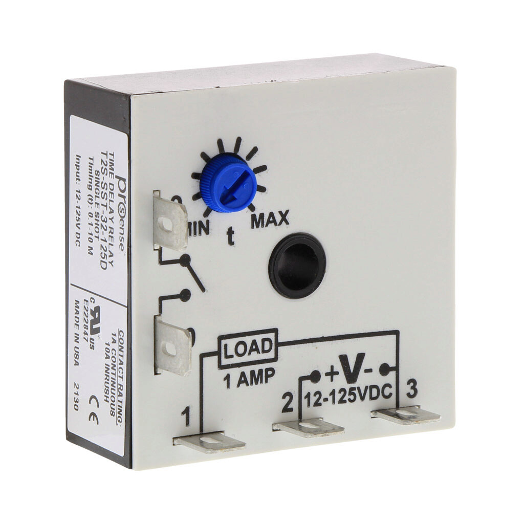 T2S-SST-32-125D - ProSense fleeting (single-shot) relay timer, 0.1 to 10 minutes timing range, 12-125 VDC operating voltage, 1A contact rating, (1) SPNO timed solid state relay output(s), surface mount, 1/4in male quick-connect terminal.