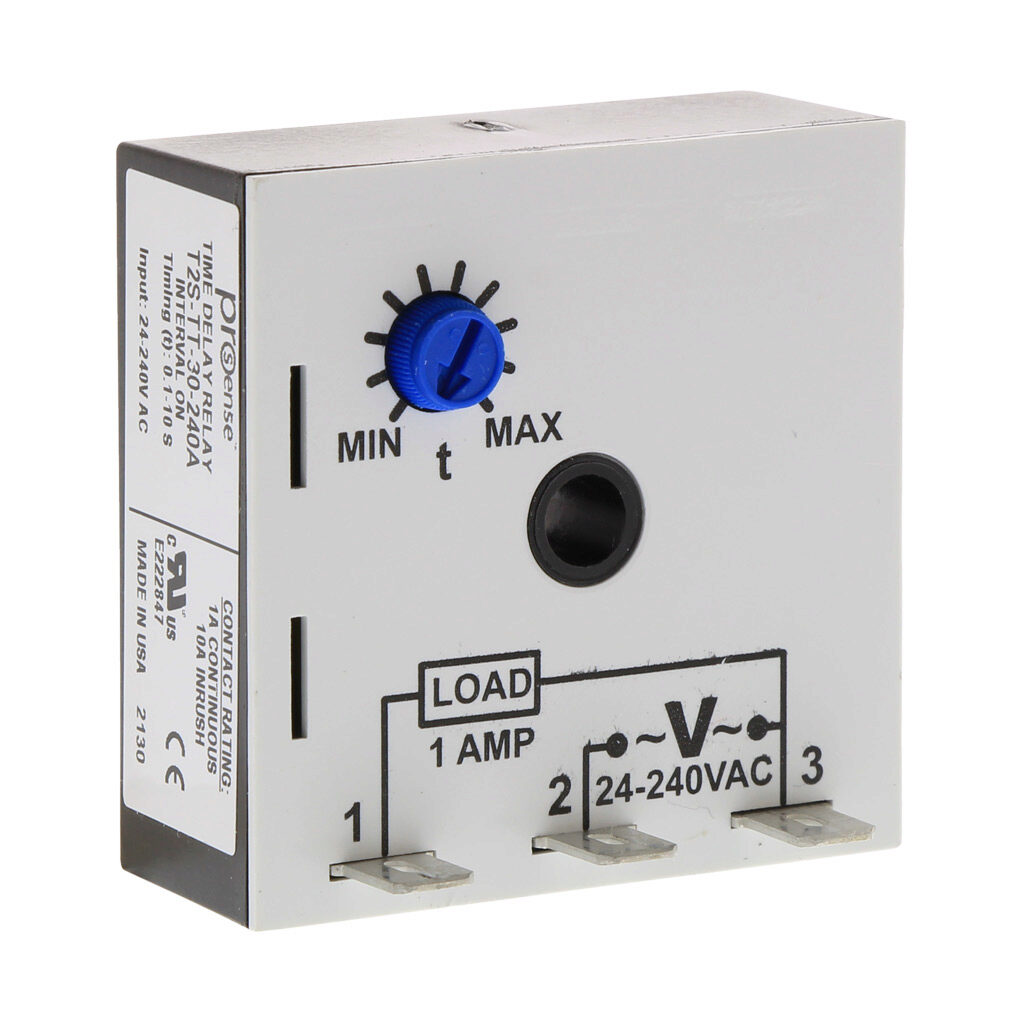 T2S-TT-30-240A - ProSense on-interval relay timer, 0.1 to 10 seconds timing range, 24-240 VAC operating voltage, 1A contact rating, (1) SPNO timed solid state relay output(s), surface mount, 1/4in male quick-connect terminal.