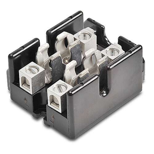 T30060-2CR - Bussmann fuse block, accepts T fuses, 60A, 300V, 2-pole, 14-2 AWG copper or aluminum, box lug, panel mount.