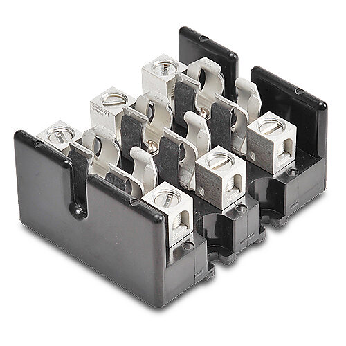 T30060-3CR - Bussmann fuse block, accepts T fuses, 60A, 300V, 3-pole, 14-2 AWG copper or aluminum, box lug, panel mount.