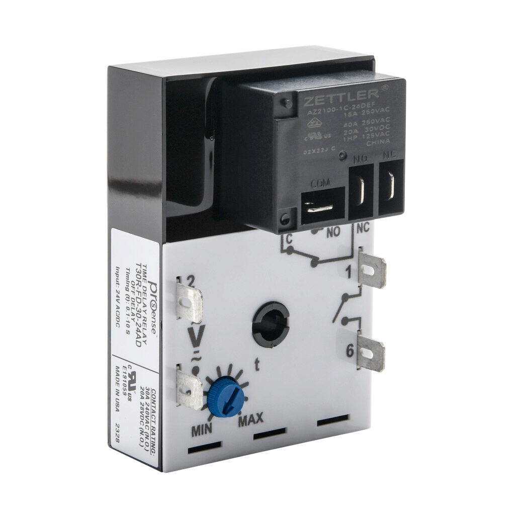 T30R-FD-30-24AD - ProSense off-delay relay timer, 0.1 to 10 seconds timing range, 24 VAC/VDC operating voltage, 30A contact rating, (1) SPDT timed relay output(s), surface mount, 1/4in male quick-connect terminal.