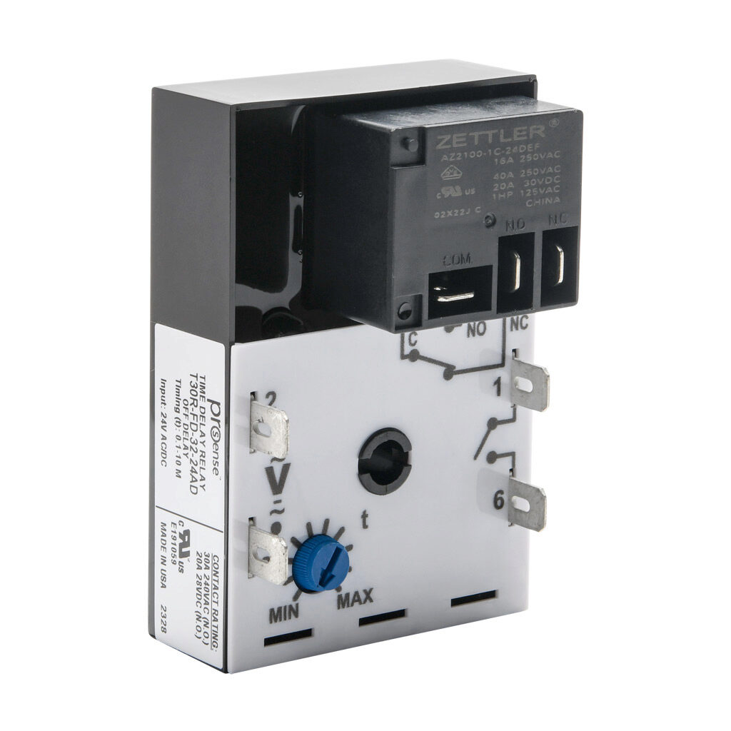 T30R-FD-32-24AD - ProSense off-delay relay timer, 0.1 to 10 minutes timing range, 24 VAC/VDC operating voltage, 30A contact rating, (1) SPDT timed relay output(s), surface mount, 1/4in male quick-connect terminal.