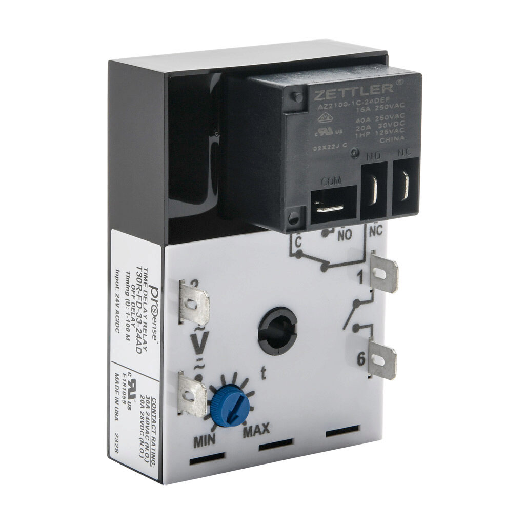 T30R-FD-33-24AD - ProSense off-delay relay timer, 1 to 100 minutes timing range, 24 VAC/VDC operating voltage, 30A contact rating, (1) SPDT timed relay output(s), surface mount, 1/4in male quick-connect terminal.