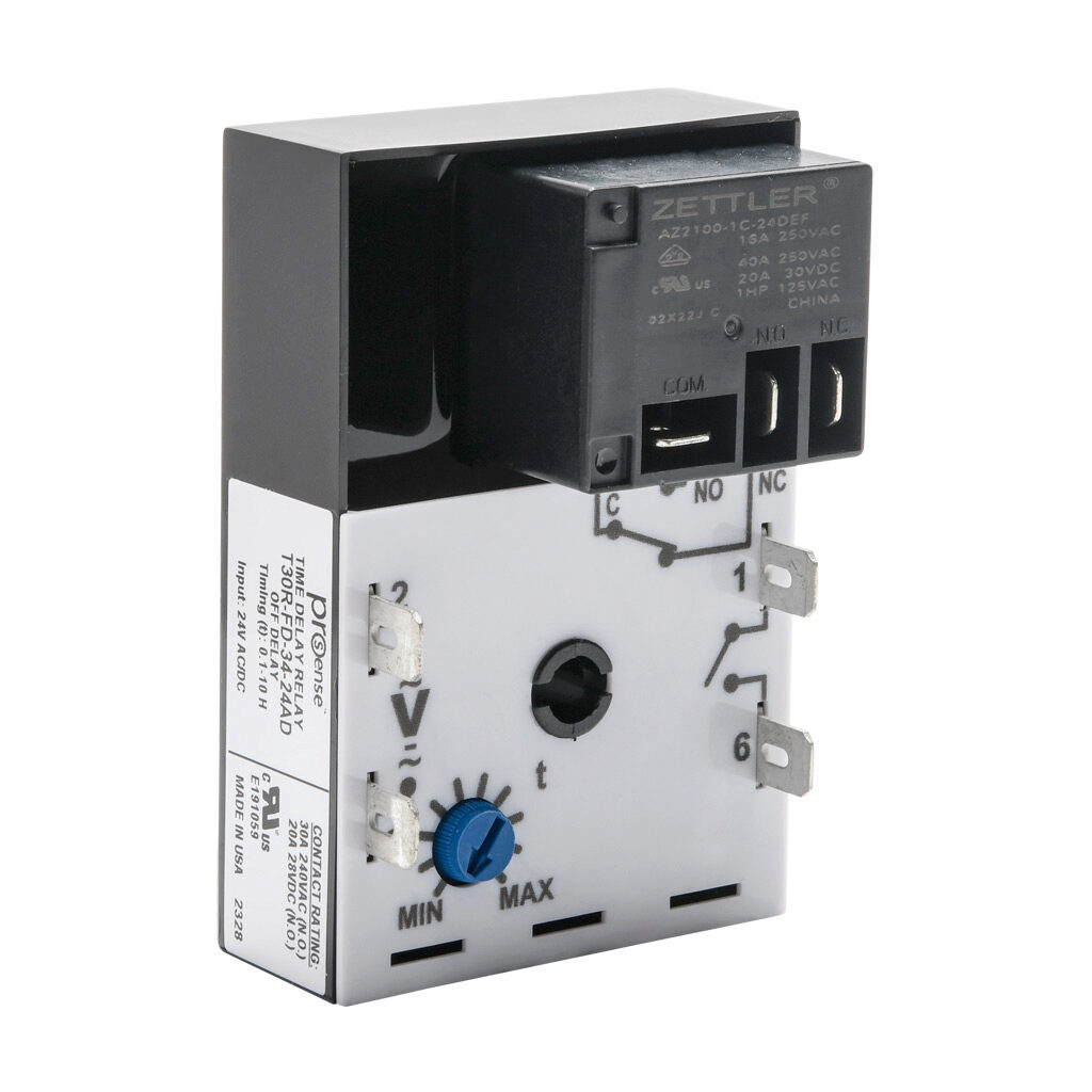 T30R-FD-34-24AD - ProSense off-delay relay timer, 0.1 to 10 hours timing range, 24 VAC/VDC operating voltage, 30A contact rating, (1) SPDT timed relay output(s), surface mount, 1/4in male quick-connect terminal.