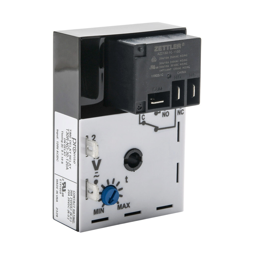 T30R-ND-30-120A - ProSense on-delay relay timer, 0.1 to 10 seconds timing range, 120 VAC/VDC operating voltage, 30A contact rating, (1) SPDT timed relay output(s), surface mount, 1/4in male quick-connect terminal.