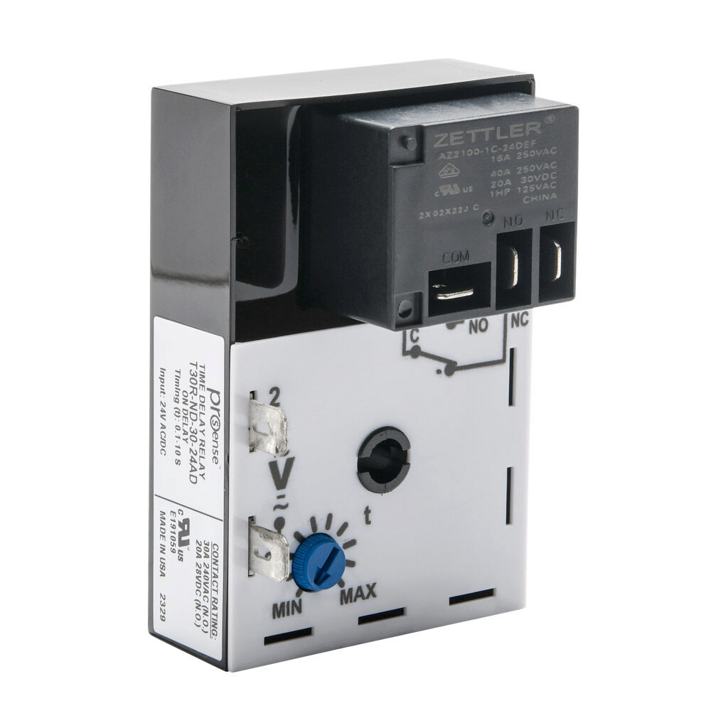 T30R-ND-30-24AD - ProSense on-delay relay timer, 0.1 to 10 seconds timing range, 24 VAC/VDC operating voltage, 30A contact rating, (1) SPDT timed relay output(s), surface mount, 1/4in male quick-connect terminal.
