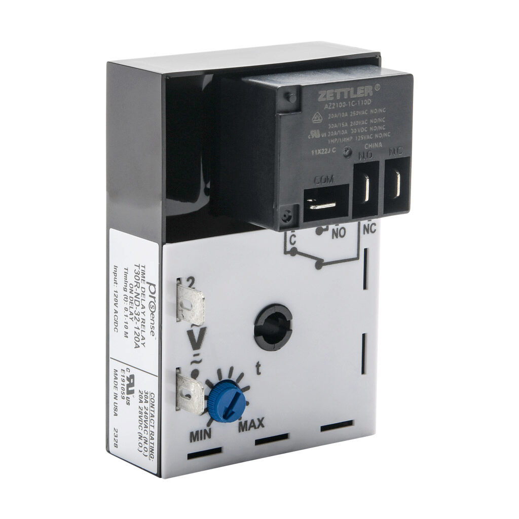 T30R-ND-32-120A - ProSense on-delay relay timer, 0.1 to 10 minutes timing range, 120 VAC/VDC operating voltage, 30A contact rating, (1) SPDT timed relay output(s), surface mount, 1/4in male quick-connect terminal.