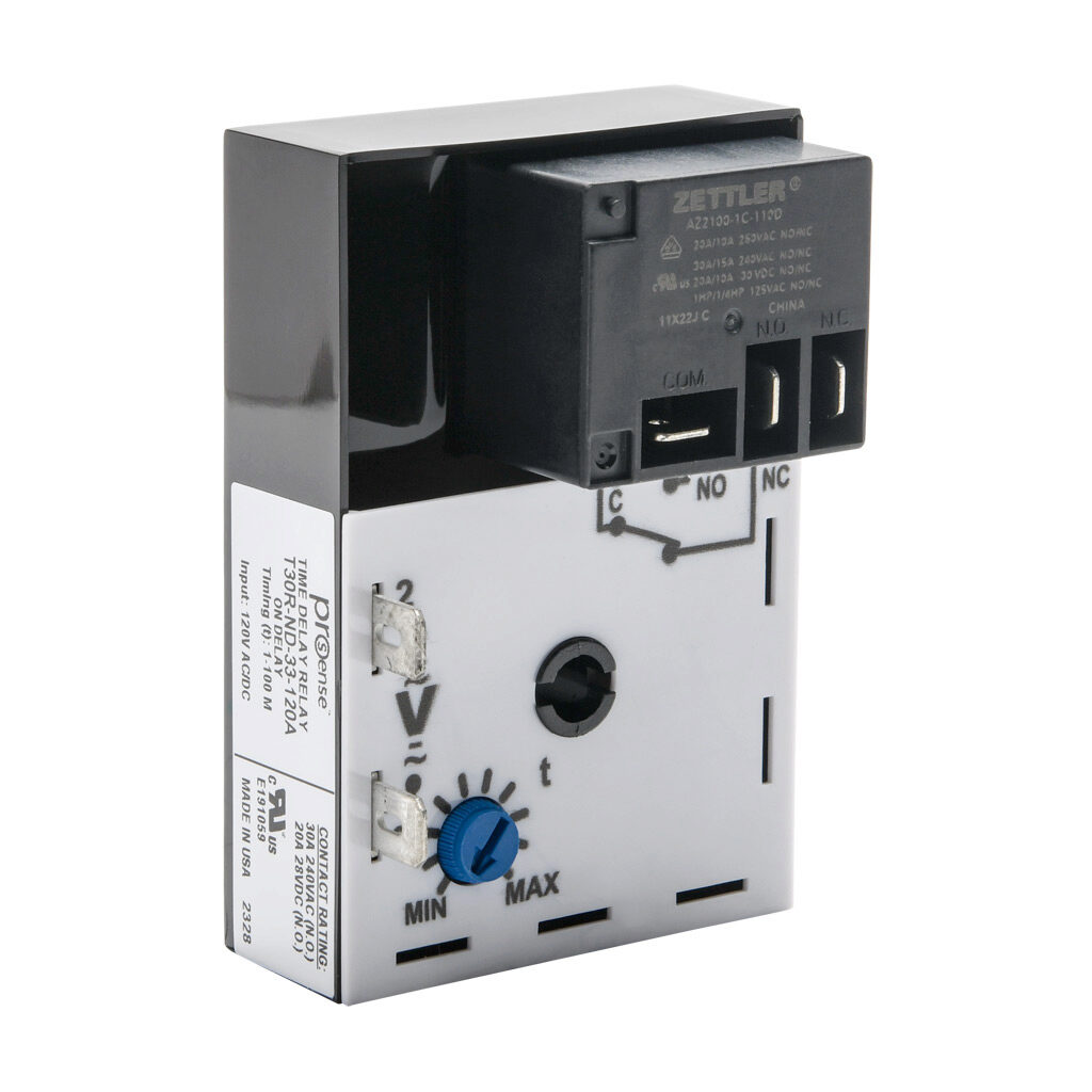T30R-ND-33-120A - ProSense on-delay relay timer, 1 to 100 minutes timing range, 120 VAC/VDC operating voltage, 30A contact rating, (1) SPDT timed relay output(s), surface mount, 1/4in male quick-connect terminal.