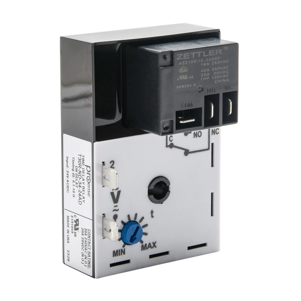 T30R-ND-34-24AD - ProSense on-delay relay timer, 0.1 to 10 hours timing range, 24 VAC/VDC operating voltage, 30A contact rating, (1) SPDT timed relay output(s), surface mount, 1/4in male quick-connect terminal.