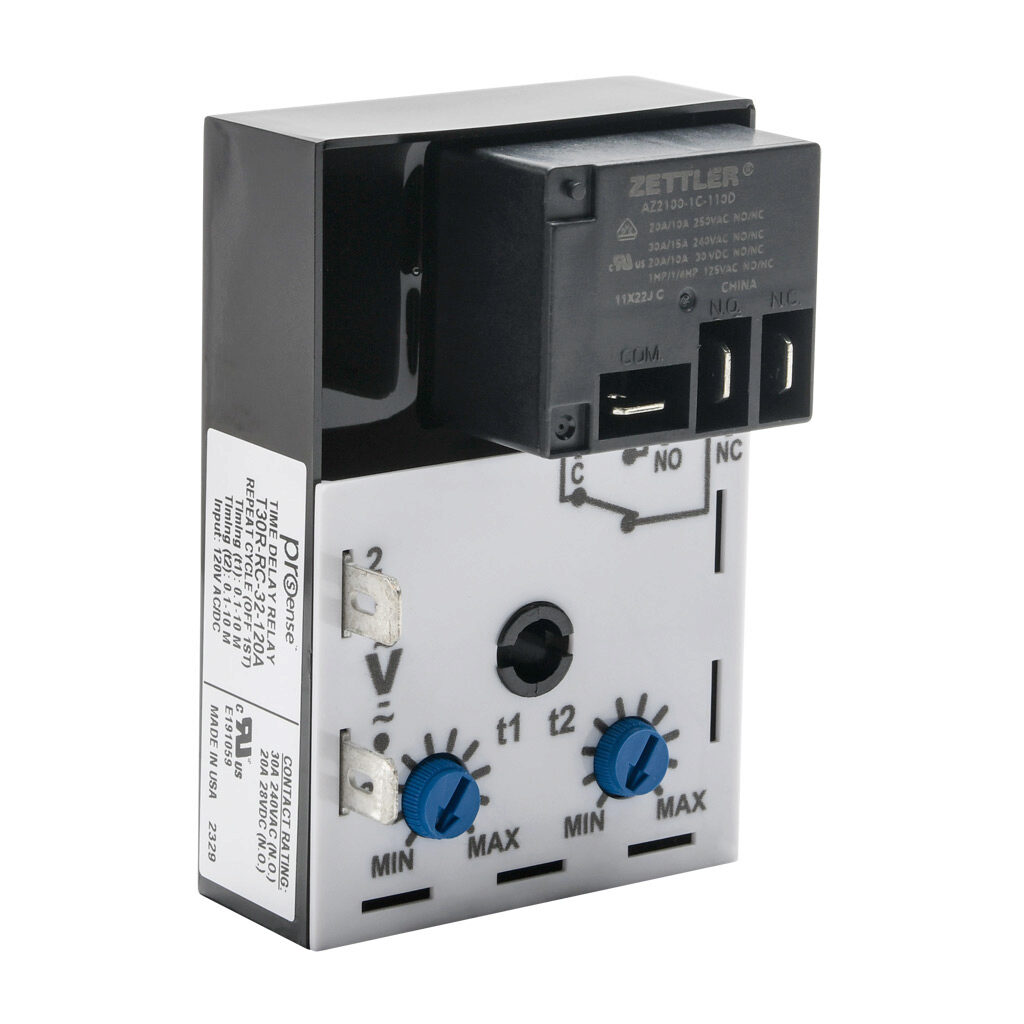 T30R-RC-32-120A - ProSense cyclic relay timer, 0.1 to 10 minutes timing range, 120 VAC/VDC operating voltage, 30A contact rating, (1) SPDT timed relay output(s), surface mount, 1/4in male quick-connect terminal.