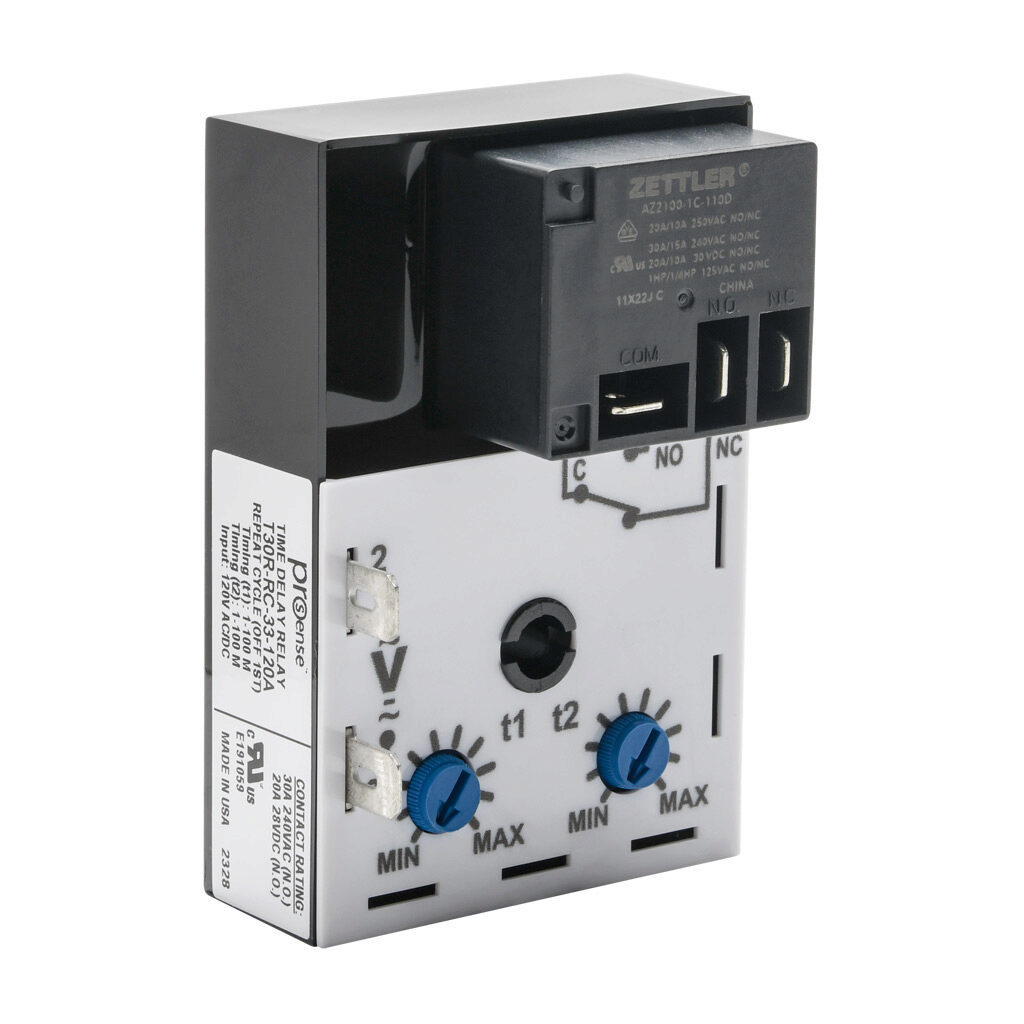 T30R-RC-33-120A - ProSense cyclic relay timer, 1 to 100 minutes timing range, 120 VAC/VDC operating voltage, 30A contact rating, (1) SPDT timed relay output(s), surface mount, 1/4in male quick-connect terminal.
