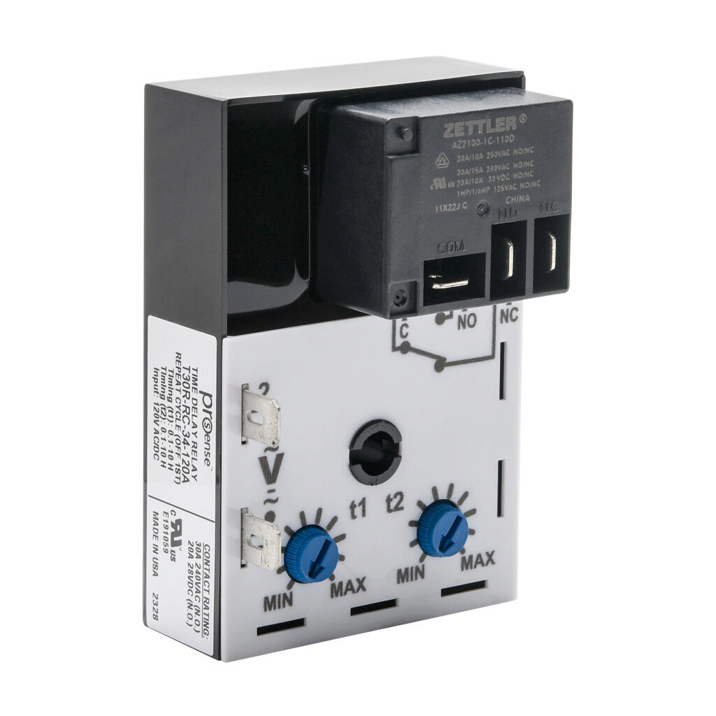 T30R-RC-34-120A - ProSense cyclic relay timer, 0.1 to 10 hours timing range, 120 VAC/VDC operating voltage, 30A contact rating, (1) SPDT timed relay output(s), surface mount, 1/4in male quick-connect terminal.