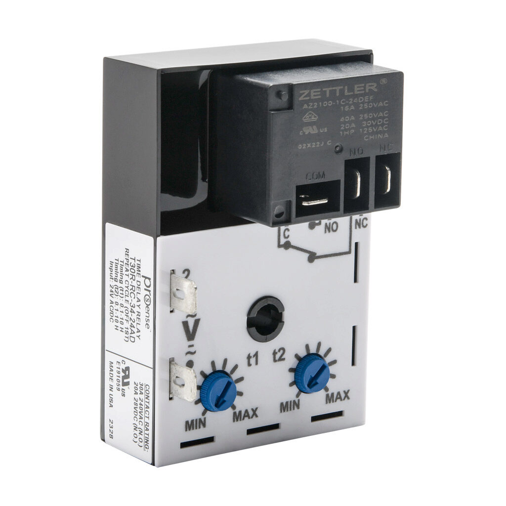 T30R-RC-34-24AD - ProSense cyclic relay timer, 0.1 to 10 hours timing range, 24 VAC/VDC operating voltage, 30A contact rating, (1) SPDT timed relay output(s), surface mount, 1/4in male quick-connect terminal.