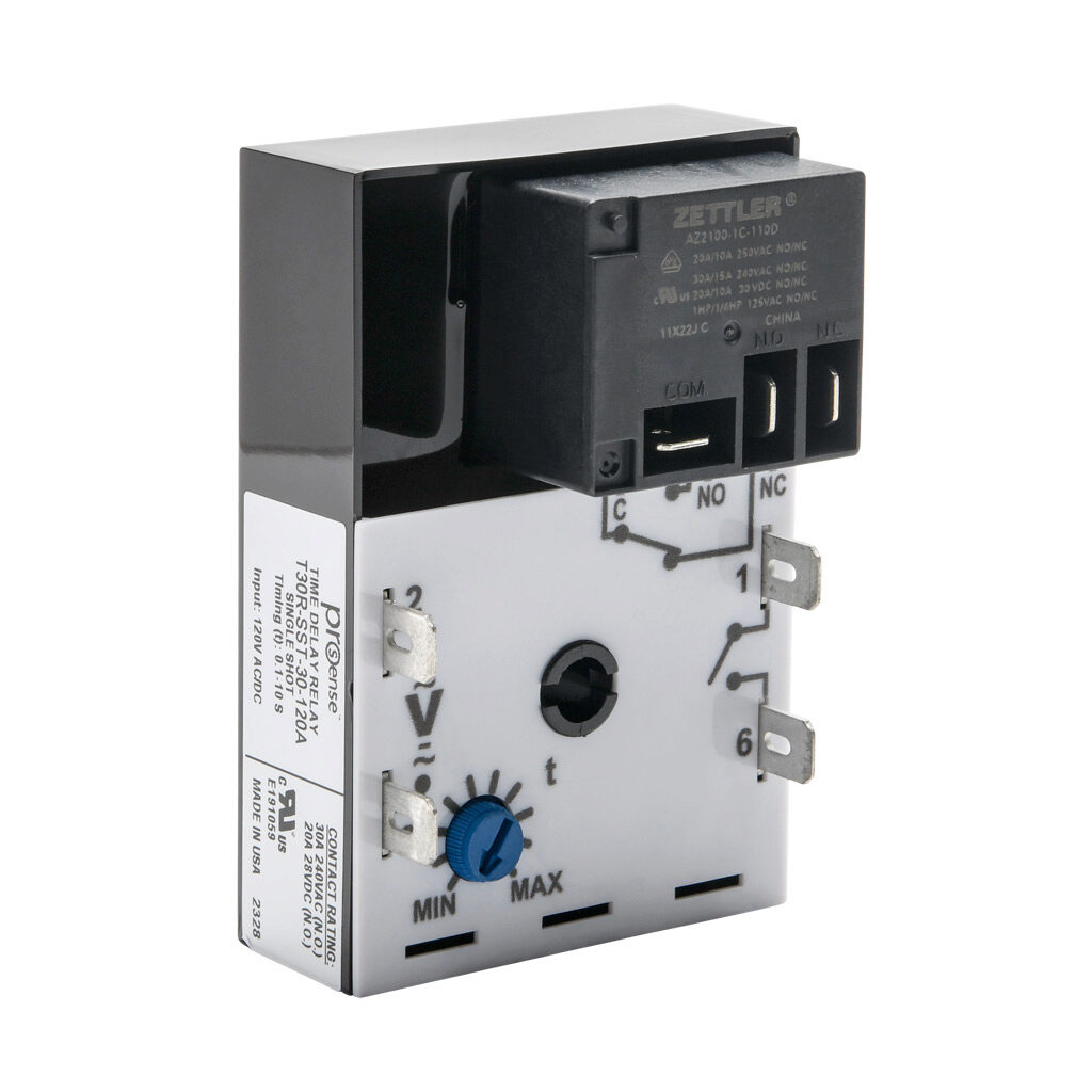 T30R-SST-30-120A - ProSense fleeting (single-shot) relay timer, 0.1 to 10 seconds timing range, 120 VAC/VDC operating voltage, 30A contact rating, (1) SPDT timed relay output(s), surface mount, 1/4in male quick-connect terminal.