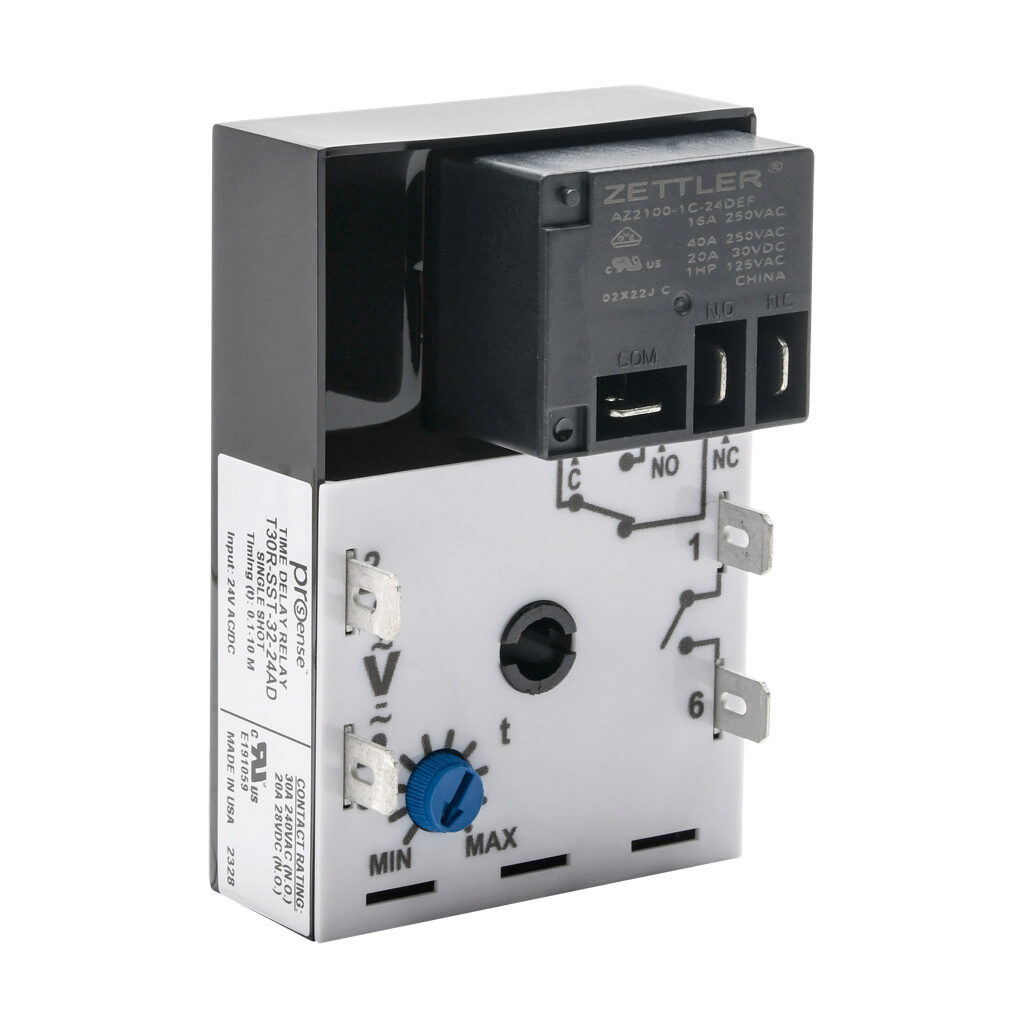 T30R-SST-32-24AD - ProSense fleeting (single-shot) relay timer, 0.1 to 10 minutes timing range, 24 VAC/VDC operating voltage, 30A contact rating, (1) SPDT timed relay output(s), surface mount, 1/4in male quick-connect terminal.