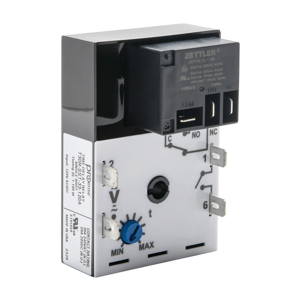 T30R-SST-33-120A - ProSense fleeting (single-shot) relay timer, 1 to 100 minutes timing range, 120 VAC/VDC operating voltage, 30A contact rating, (1) SPDT timed relay output(s), surface mount, 1/4in male quick-connect terminal.