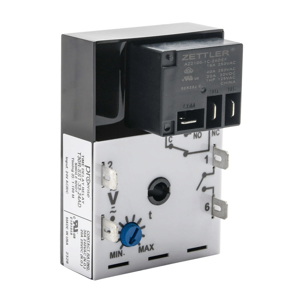 T30R-SST-33-24AD - ProSense fleeting (single-shot) relay timer, 1 to 100 minutes timing range, 24 VAC/VDC operating voltage, 30A contact rating, (1) SPDT timed relay output(s), surface mount, 1/4in male quick-connect terminal.