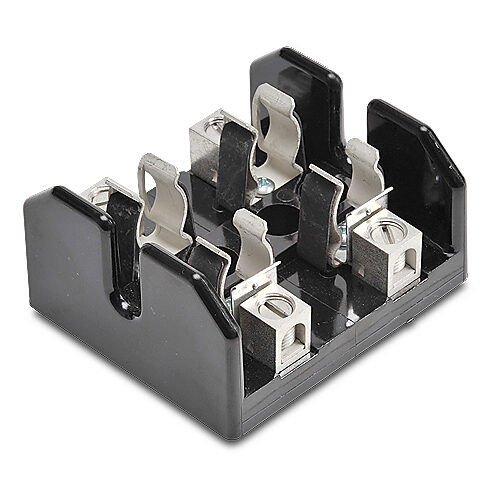 T60060-2CR - Bussmann fuse block, accepts T fuses, 60A, 600V, 2-pole, 14-2 AWG copper or aluminum, box lug, panel mount.