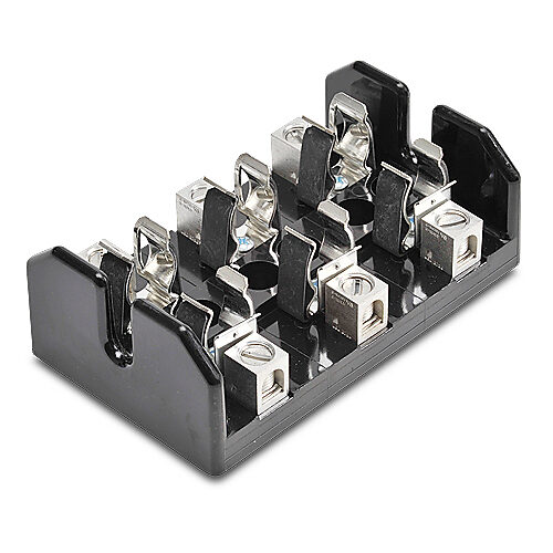 T60060-3CR - Bussmann fuse block, accepts T fuses, 60A, 600V, 3-pole, 14-2 AWG copper or aluminum, box lug, panel mount.