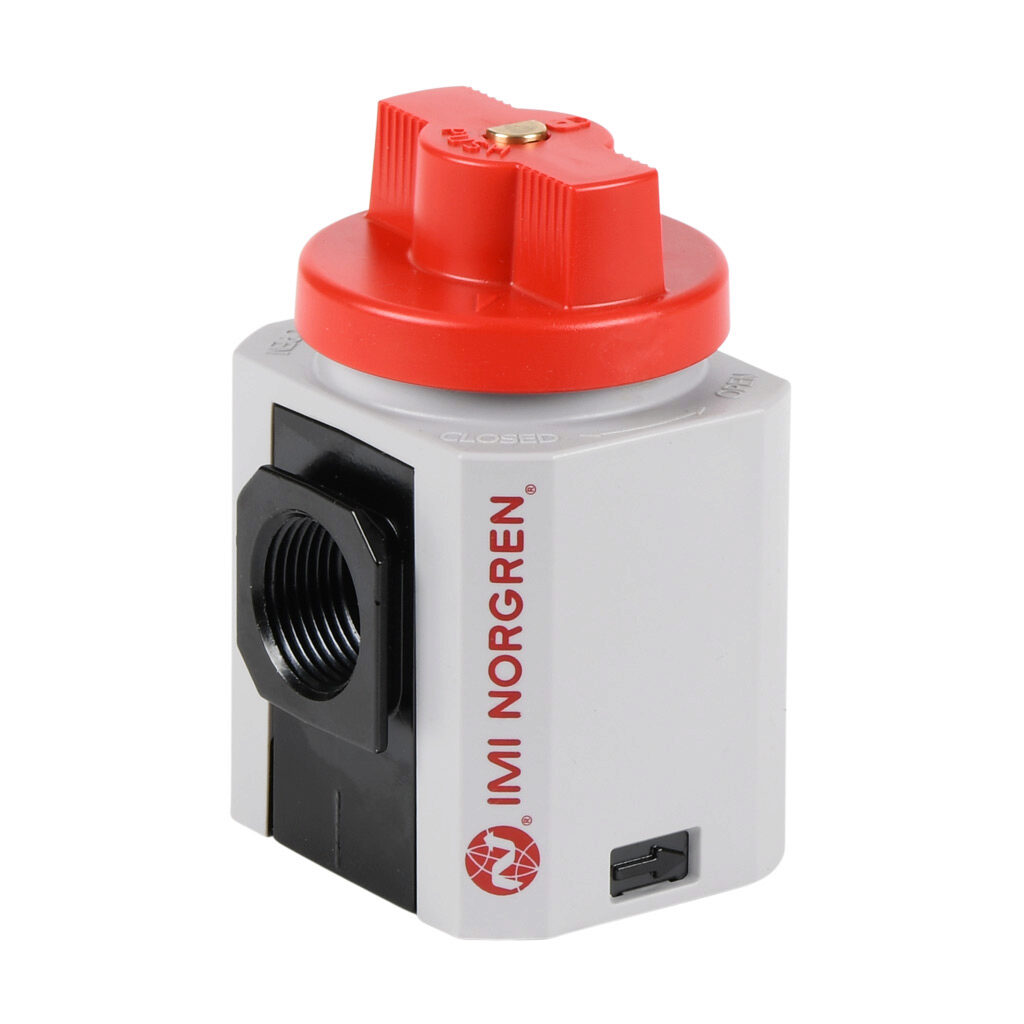 T84T-6AA-B1N - Norgren shut-off valve, 3-port (3-way), 2-position, twist, N.C., 3/4in female NPT inlet(s), 3/4in female NPT outlet(s), G1/4 female BSPP exhaust(s). For use with Excelon 84 series components.