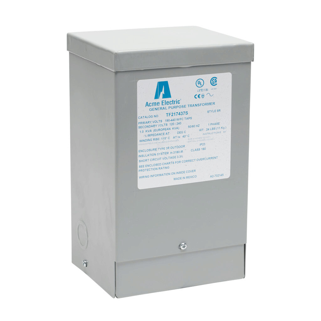 TF217437S - ACME general purpose transformer, encapsulated core, 1 kVA, 1-phase, 190-440 VAC selectable, 120/240 VAC secondary, 50/60 Hz, electrostatic shield, NEMA 3R, wall mount.