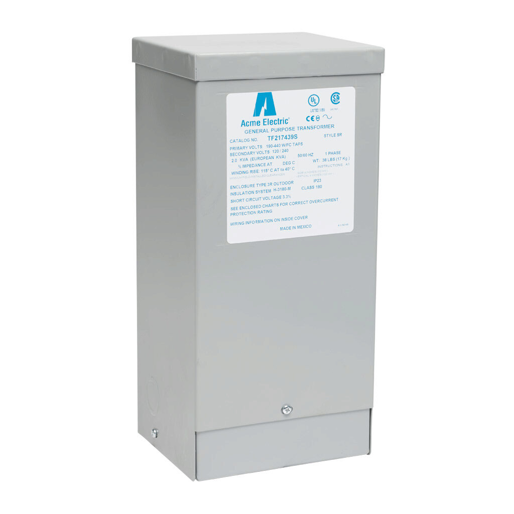 TF217439S - ACME general purpose transformer, encapsulated core, 2 kVA, 1-phase, 190-440 VAC selectable, 120/240 VAC secondary, 50/60 Hz, electrostatic shield, NEMA 3R, wall mount.