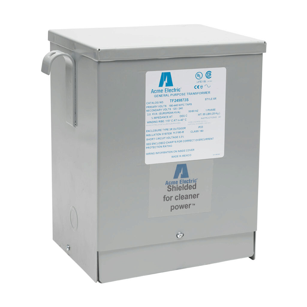 TF249873S - ACME general purpose transformer, encapsulated core, 3 kVA, 1-phase, 190-440 VAC selectable, 120/240 VAC secondary, 50/60 Hz, electrostatic shield, NEMA 3R, wall mount.
