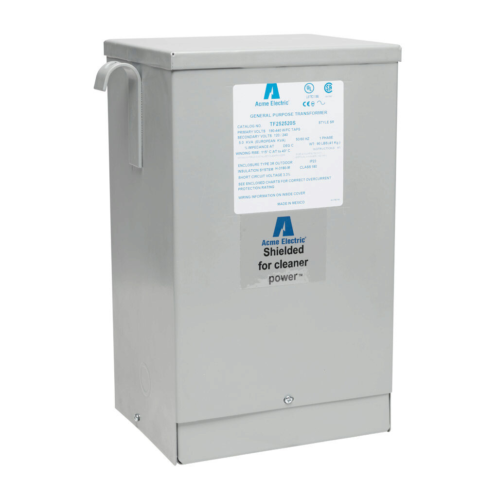 TF252520S - ACME general purpose transformer, encapsulated core, 5 kVA, 1-phase, 190-440 VAC selectable, 120/240 VAC secondary, 50/60 Hz, electrostatic shield, NEMA 3R, wall mount.