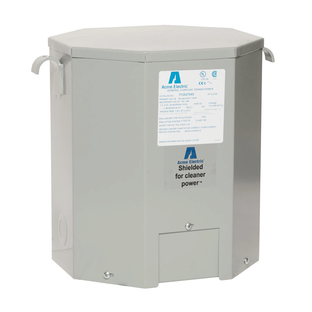 TF252794S - ACME general purpose transformer, encapsulated core, 7.5 kVA, 1-phase, 190-440 VAC selectable, 120/240 VAC secondary, 50/60 Hz, electrostatic shield, NEMA 3R, wall mount.