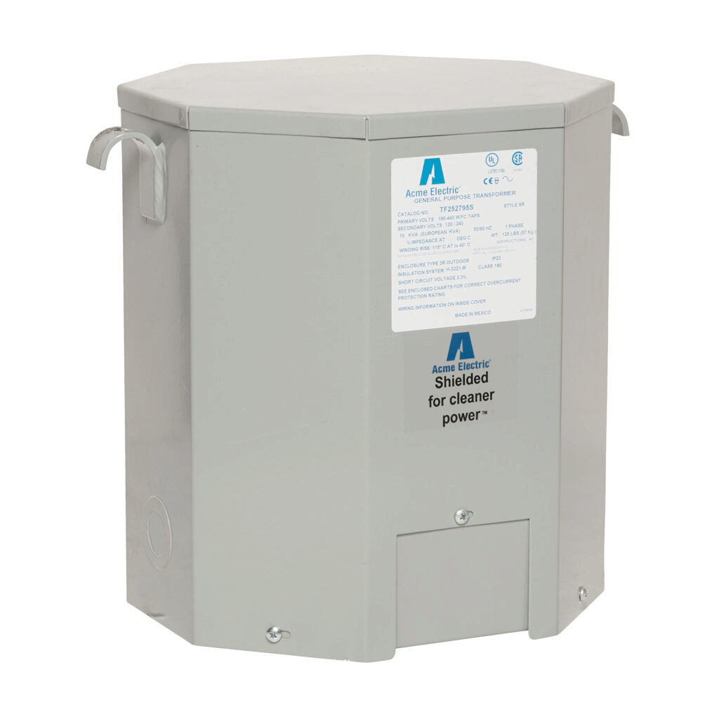 TF252795S - ACME general purpose transformer, encapsulated core, 10 kVA, 1-phase, 190-440 VAC selectable, 120/240 VAC secondary, 50/60 Hz, electrostatic shield, NEMA 3R, wall mount.