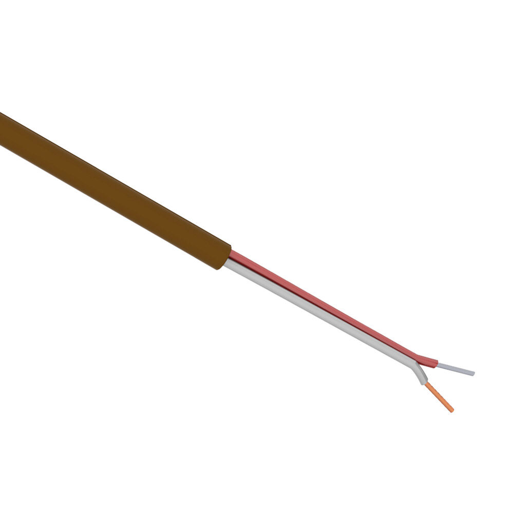 TE Connectivity THMWJ-20-1U-F-1 - TE Wire & Cable Type J thermocouple extension wire, unshielded, 2 conductors, 20 AWG, iron and copper-nickel, FEP Teflon conductor insulation material, white and red, FEP Teflon jacket, brown, cut to length.