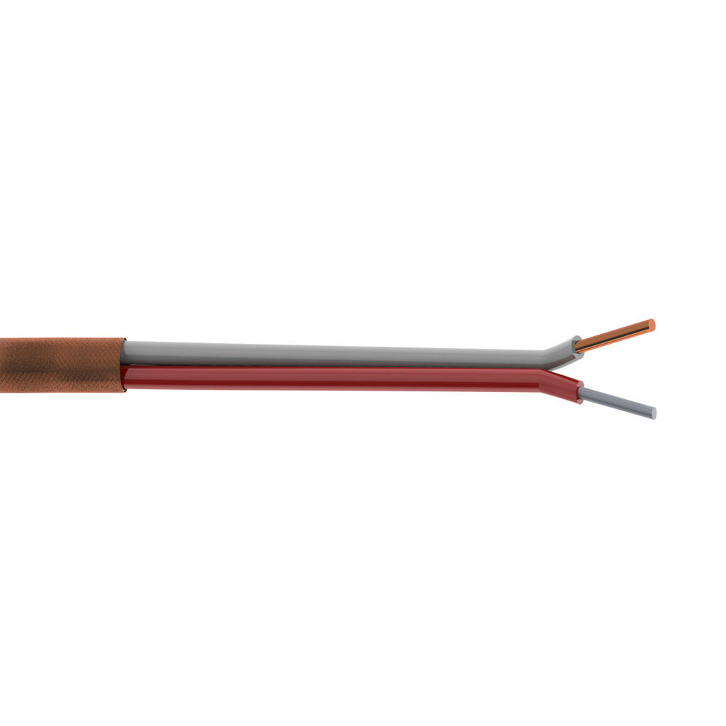 TE Connectivity THMWJ-20-1U-G-1 - TE Wire & Cable Type J thermocouple extension wire, unshielded, 2 conductors, 20 AWG, iron and copper-nickel, fiberglass conductor insulation material, white and red, fiberglass jacket, brown with black stripe, cut to length.