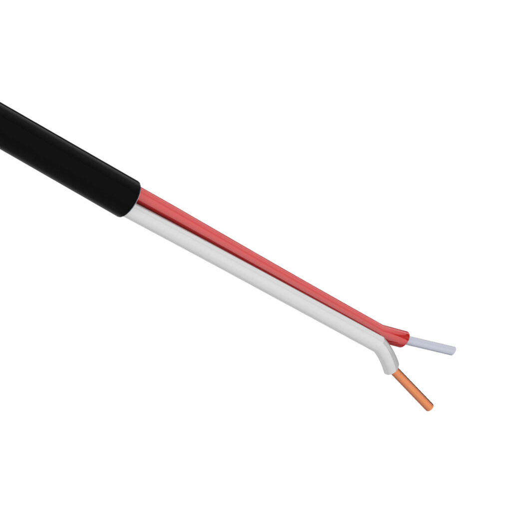 TE Connectivity THMWJ-UL-20-1U-P-1 - TE Wire & Cable Type J thermocouple PLTC extension wire, unshielded, 2 conductors, 20 AWG, iron and copper-nickel, PVC conductor insulation material, white and red, PVC jacket, black, cut to length.
