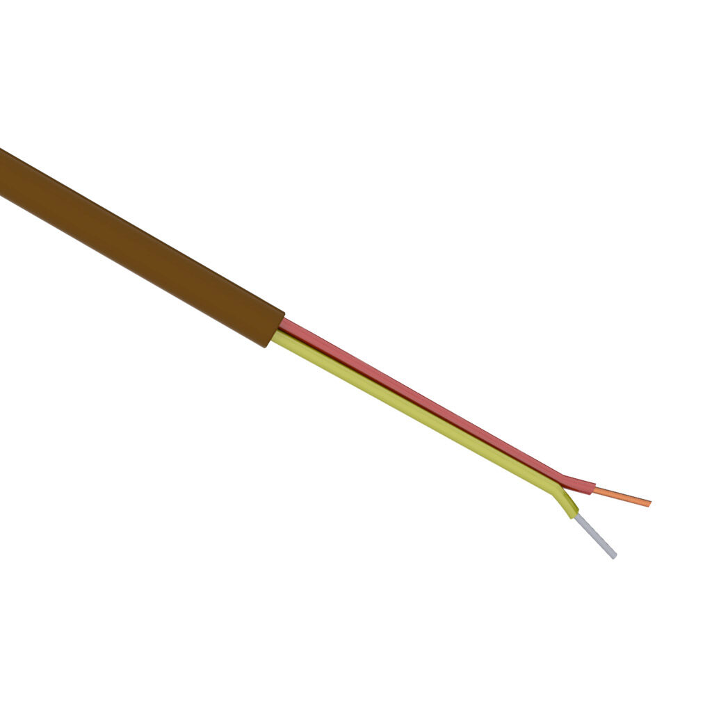 TE Connectivity THMWK-20-1U-F-1 - TE Wire & Cable Type K thermocouple extension wire, unshielded, 2 conductors, 20 AWG, nickel-chromium and nickel-aluminum, FEP Teflon conductor insulation material, yellow and red, FEP Teflon jacket, brown, cut to length.