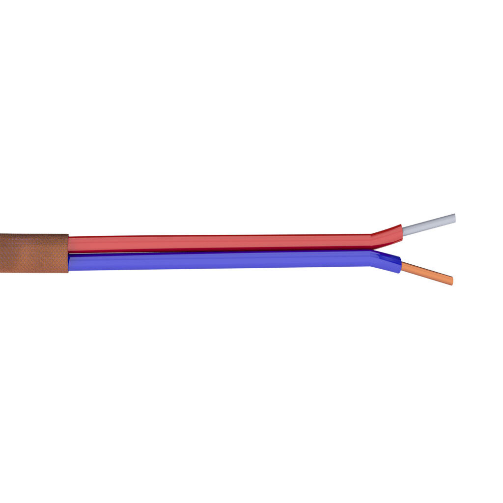 TE Connectivity THMWT-20-1U-G-1 - TE Wire & Cable Type T thermocouple extension wire, unshielded, 2 conductors, 20 AWG, copper and copper-nickel, fiberglass conductor insulation material, blue and red, fiberglass jacket, brown with (2) blue stripes, cut to length.