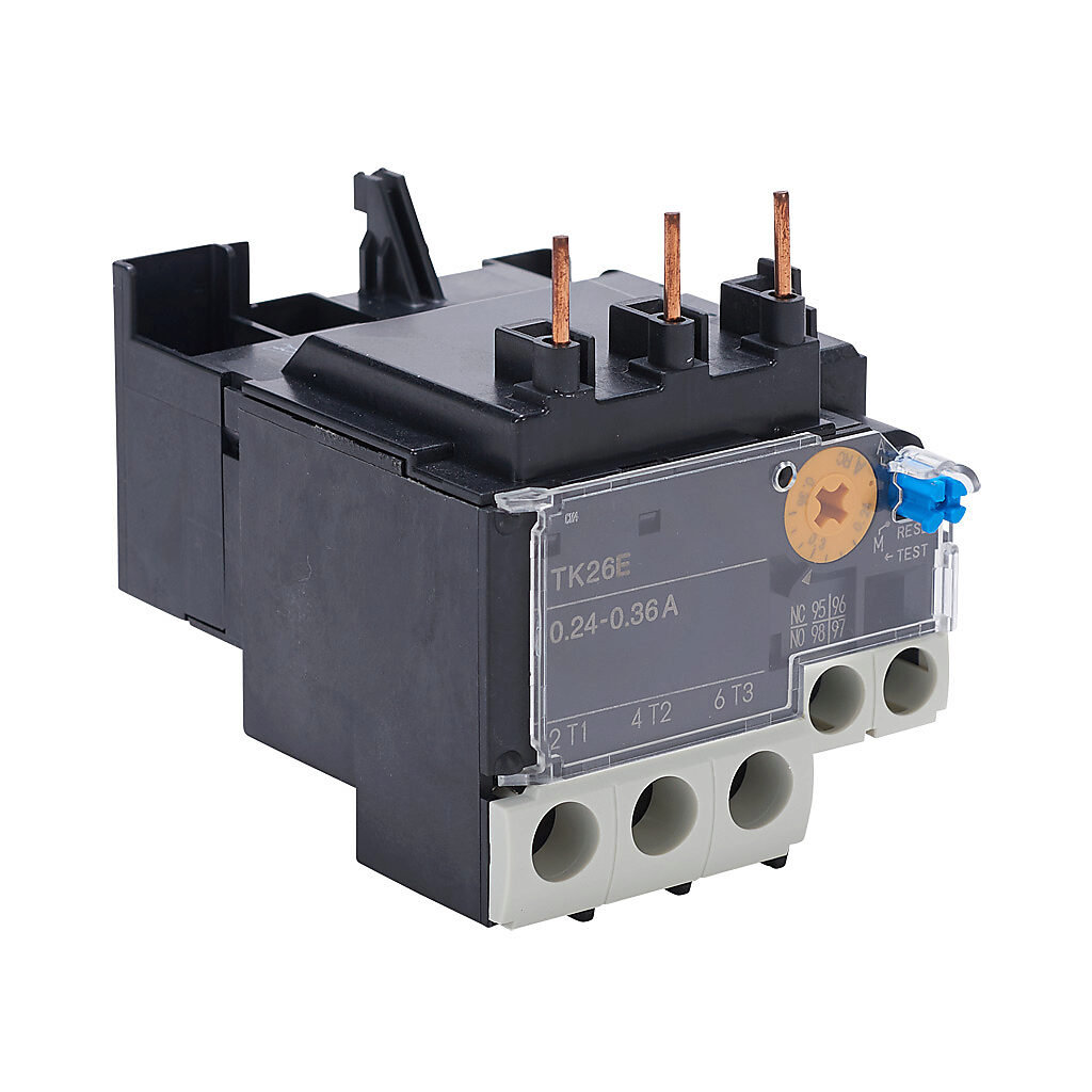 TK26E-P24 - Fuji Electric TK26E series thermal overload relay, 0.24-0.36A adjustable, bi-metallic, local reset, direct mount power connection(s). For use with SC-E02x, SC-E03x, SC-E04x and SC-E05x contactors.