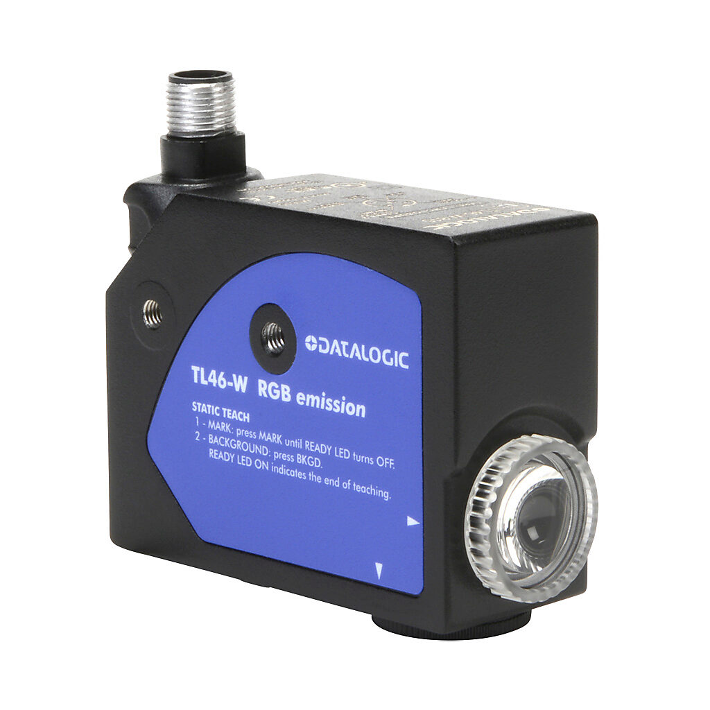 TL46-W-815 - Datalogic photoelectric sensor, rectangular, diffuse, RGB, vertical spot orientation, 6-12mm sensing distance, selectable light-on/dark-on, NPN/PNP, 15 kHz switching frequency, 81.5 x 31.9 x 60.7mm body, aluminum, 5-pin M12 quick-disc...