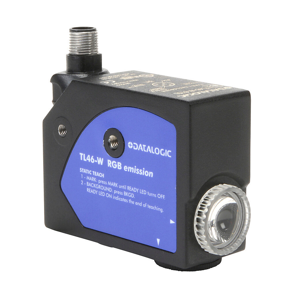 TL46-W-815L - Datalogic photoelectric sensor, rectangular, diffuse, RGB, horizontal spot orientation, 6-12mm sensing distance, selectable light-on/dark-on, NPN/PNP, 15 kHz switching frequency, 81.5 x 31.9 x 60.7mm body, aluminum, 5-pin M12 quick-d...