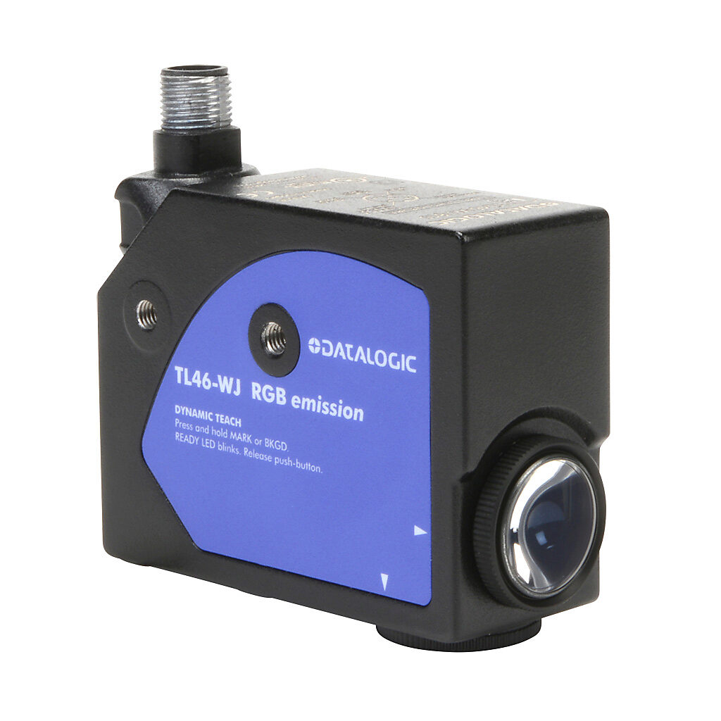 TL46-WJ-815 - Datalogic photoelectric sensor, rectangular, diffuse, RGB, vertical spot orientation, 6-12mm sensing distance, selectable light-on/dark-on, PNP, 50 kHz switching frequency, 81.5 x 31.9 x 60.7mm body, aluminum, 5-pin M12 quick-disconn...