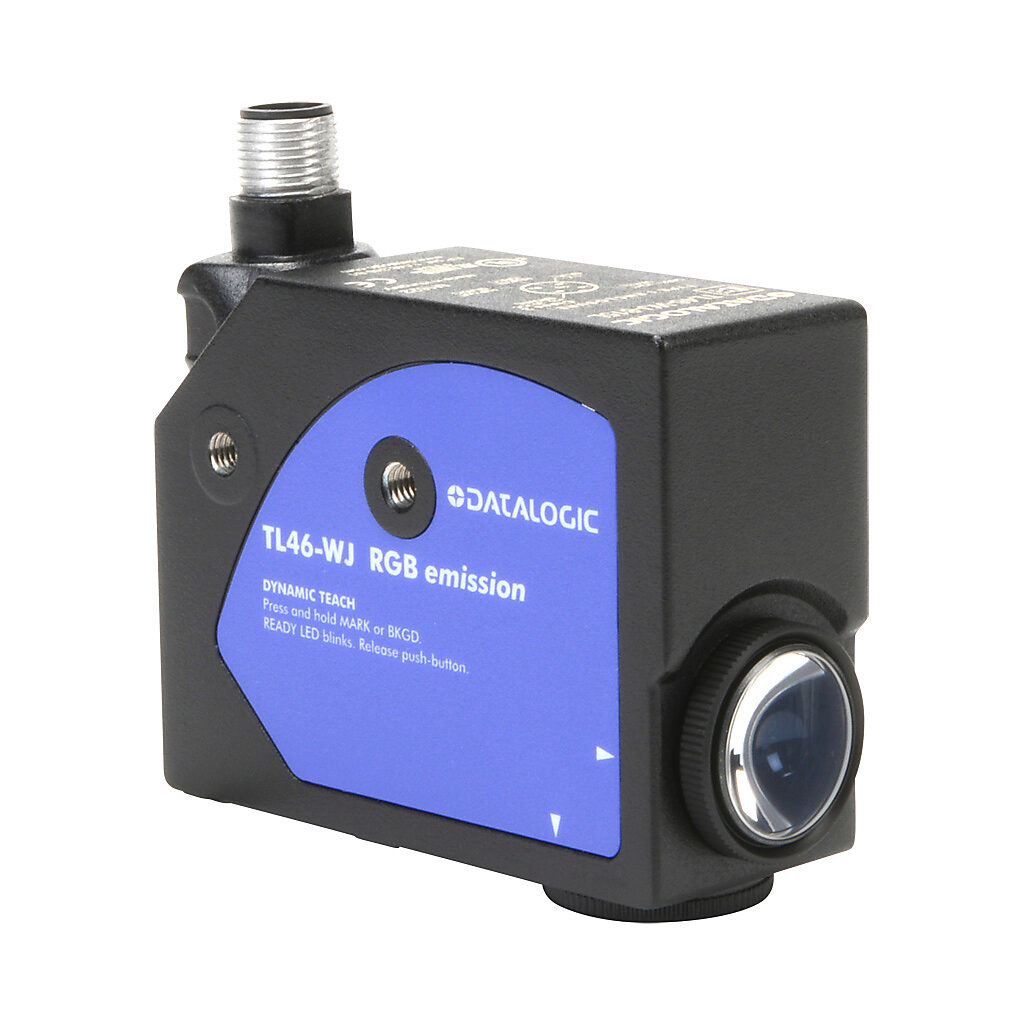 TL46-WJ-815L - Datalogic photoelectric sensor, rectangular, diffuse, RGB, horizontal spot orientation, 6-12mm sensing distance, selectable light-on/dark-on, PNP, 50 kHz switching frequency, 81.5 x 31.9 x 60.7mm body, aluminum, 5-pin M12 quick-disc...