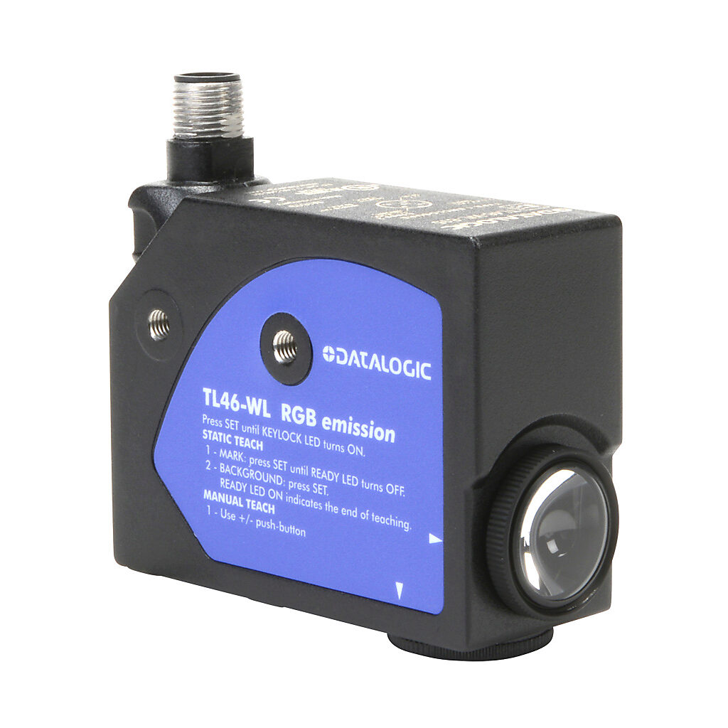 TL46-WL-815 - Datalogic photoelectric sensor, rectangular, diffuse, RGB, vertical spot orientation, 6-12mm sensing distance, selectable light-on/dark-on, NPN/PNP, 20 kHz switching frequency, 81.5 x 31.9 x 60.7mm body, aluminum, 5-pin M12 quick-dis...